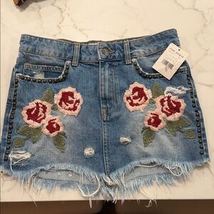 Free People Blue Denim Shorts with Red Floral Embroidery